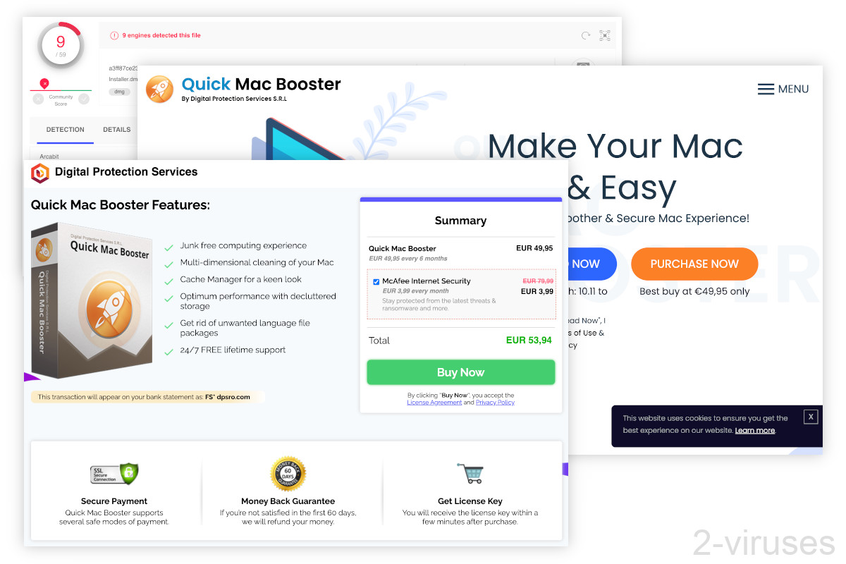 Quick Mac Booster's installer gets detected by 9 scanners out of 59 on VirusTotal.