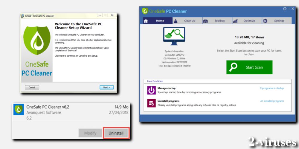 onesafe PC cleaner PUP virus install and uninstall